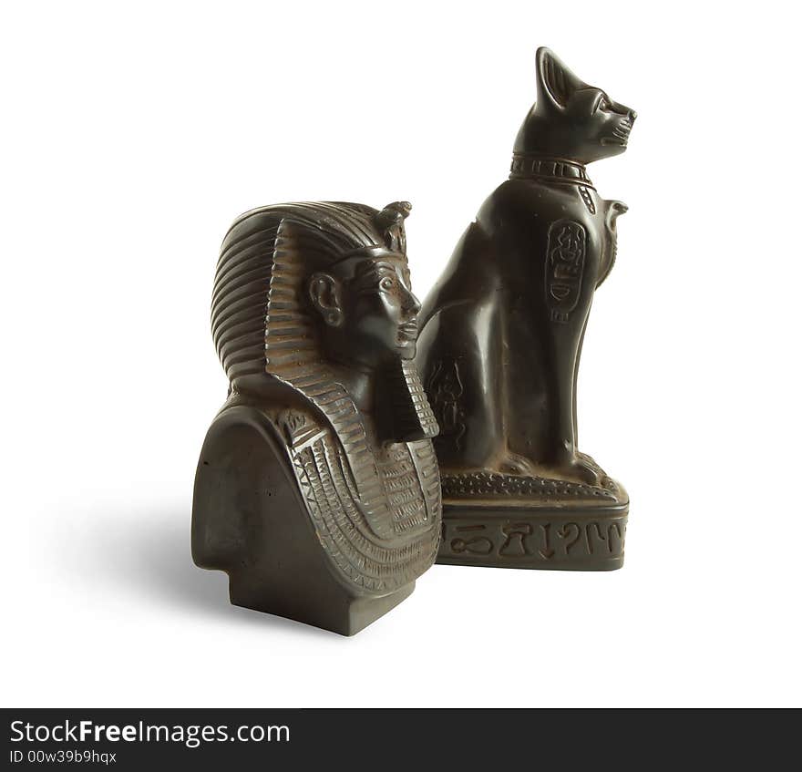 Stone Egyptian cat and pharaoh Tutankhamen on a white background. Stone Egyptian cat and pharaoh Tutankhamen on a white background