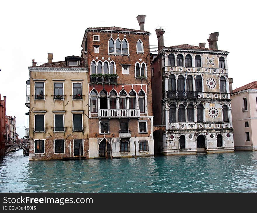 Romantic view of a Venetian channel and three old palaces. Romantic view of a Venetian channel and three old palaces