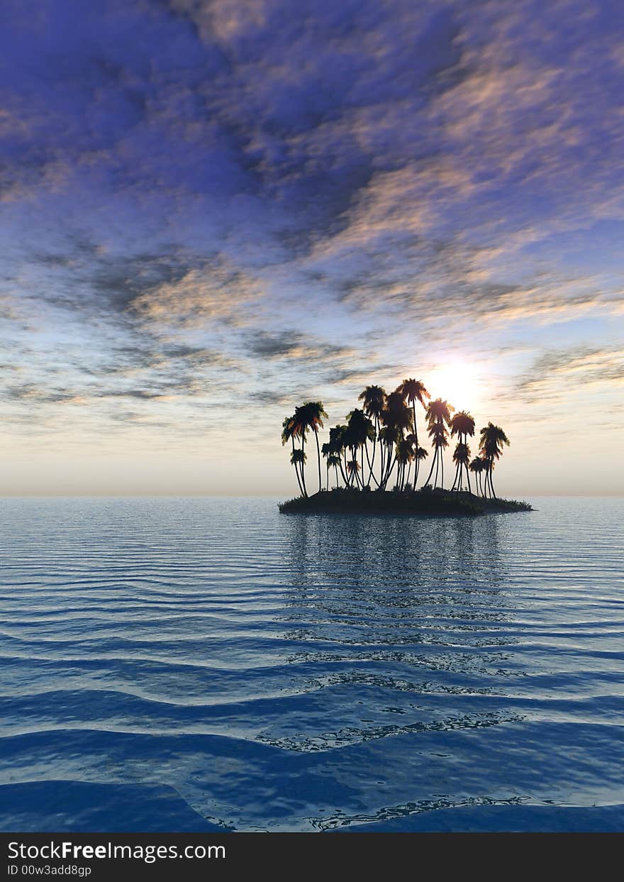 Sunset coconut palm trees on small island - 3d illustration.