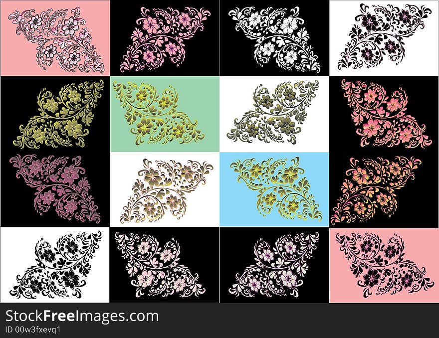 Illustration with sixteen different color floral decoration. Illustration with sixteen different color floral decoration