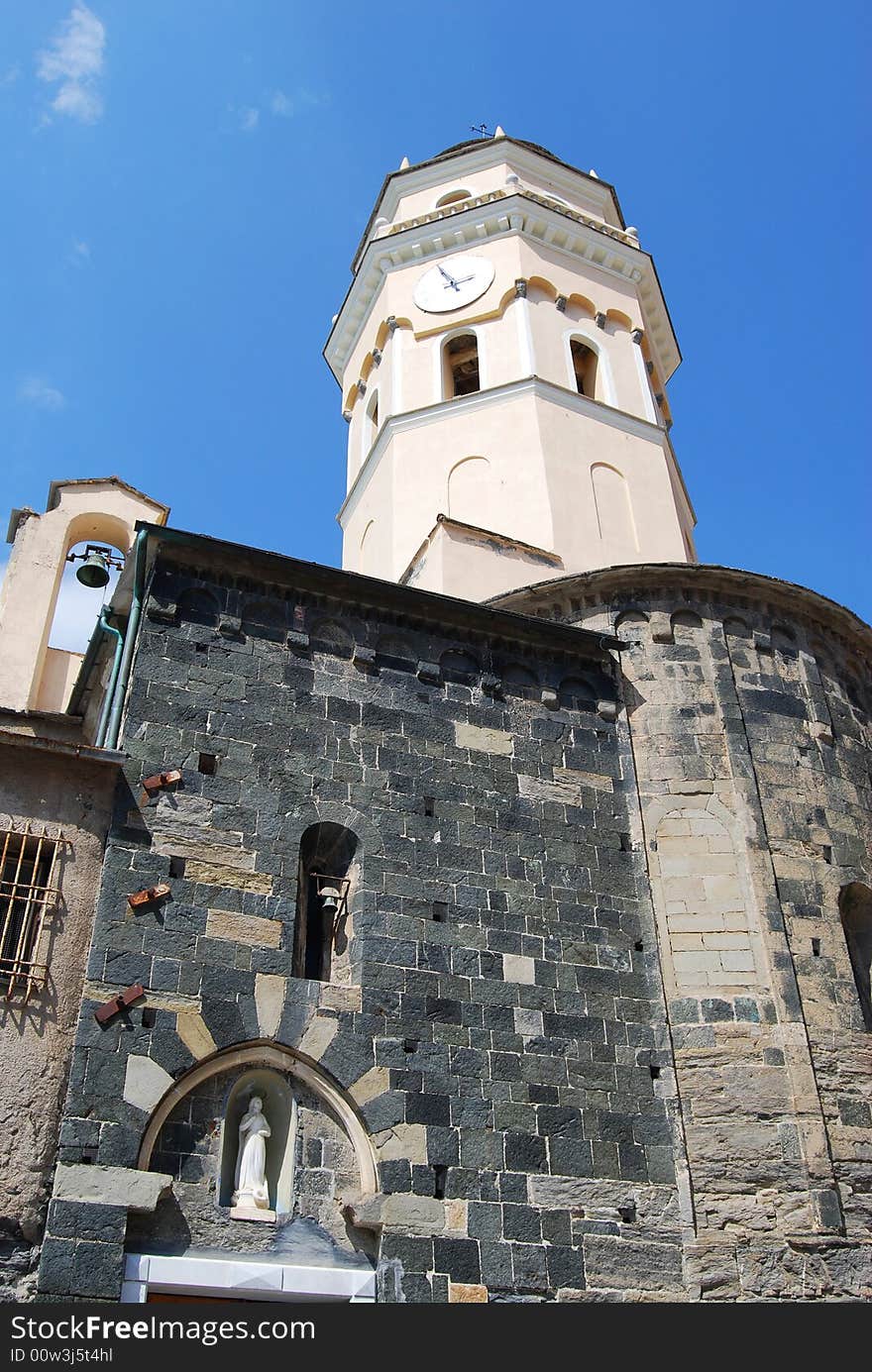 The Church of Santa Margherita d'Antiochia in Vernazza, Cinque Terre in Liguria, Italy. Cinque Terre is humanity's world patrimony. The Church of Santa Margherita d'Antiochia in Vernazza, Cinque Terre in Liguria, Italy. Cinque Terre is humanity's world patrimony.