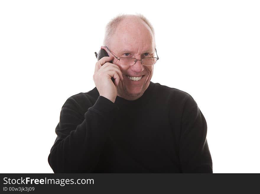 Old Guy in Black Shirt on Phone and Smiling