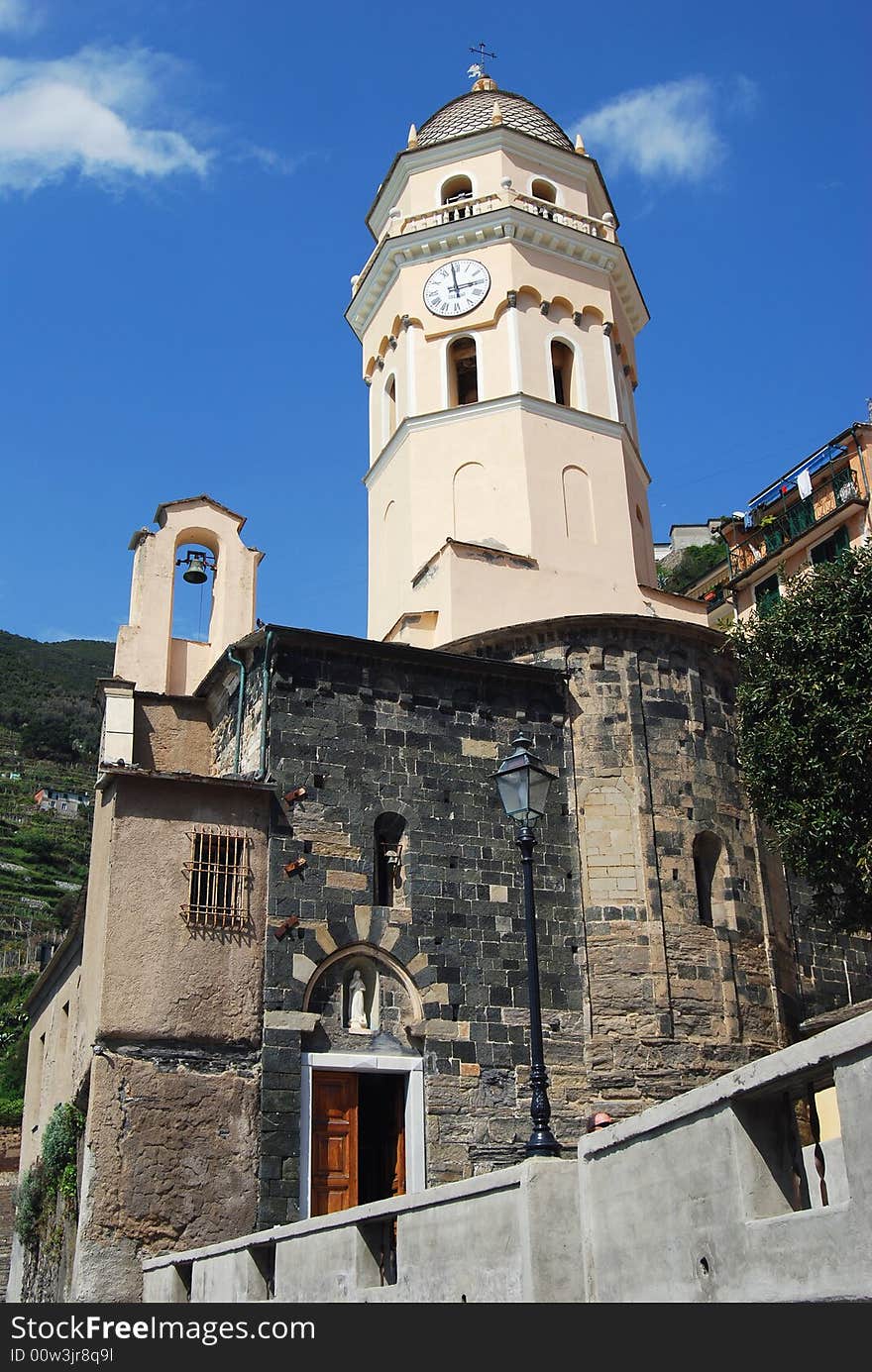 The Church of Santa Margherita d'Antiochia in Vernazza, Cinque Terre in Liguria, Italy. Cinque Terre is humanity's world patrimony. The Church of Santa Margherita d'Antiochia in Vernazza, Cinque Terre in Liguria, Italy. Cinque Terre is humanity's world patrimony.