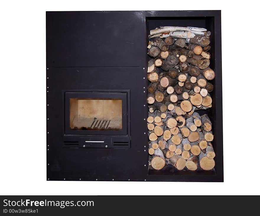 The isolated black fireplace with fire wood on a white background . The isolated black fireplace with fire wood on a white background