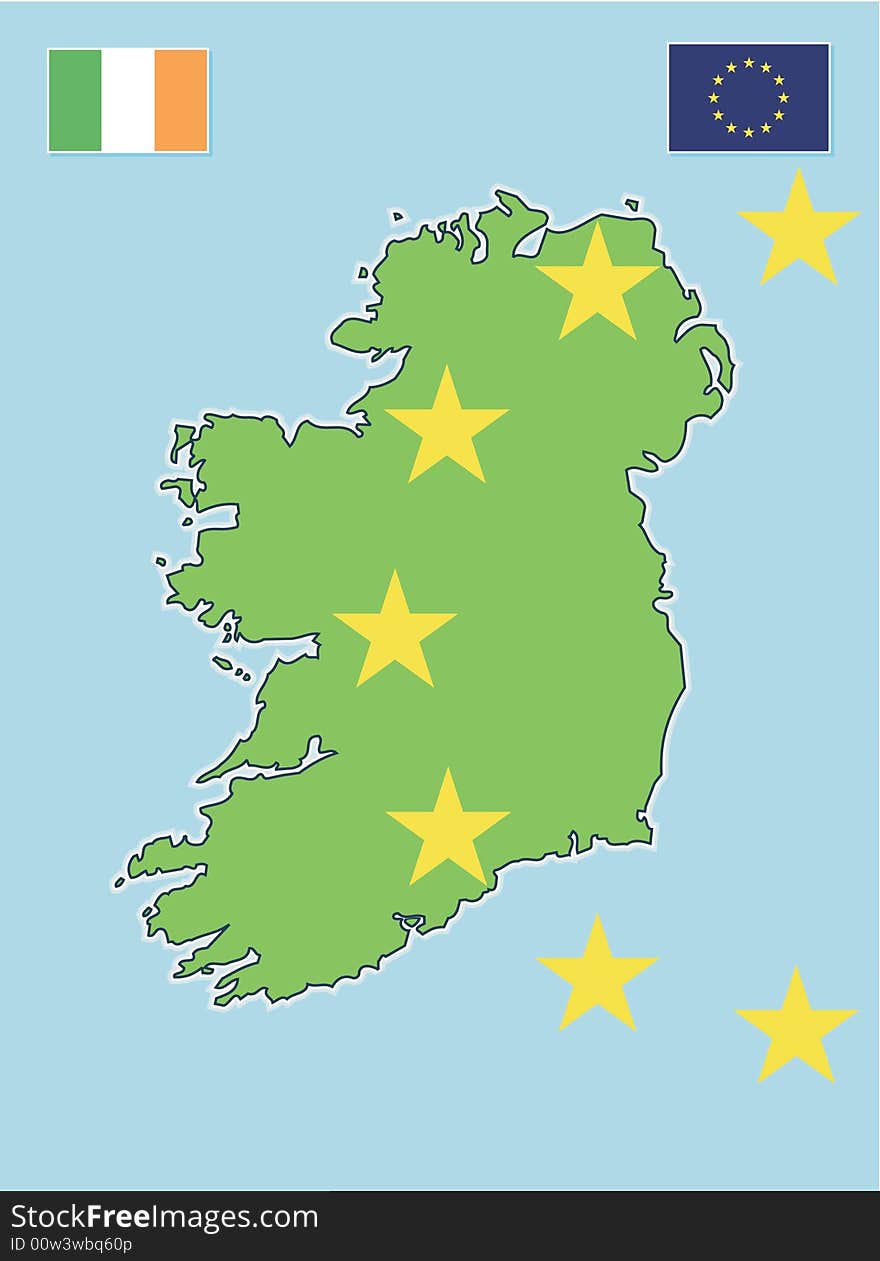 Map or ireland depicting 32 counties. Irish flag, EU flag and EU circle of stars. Map or ireland depicting 32 counties. Irish flag, EU flag and EU circle of stars.