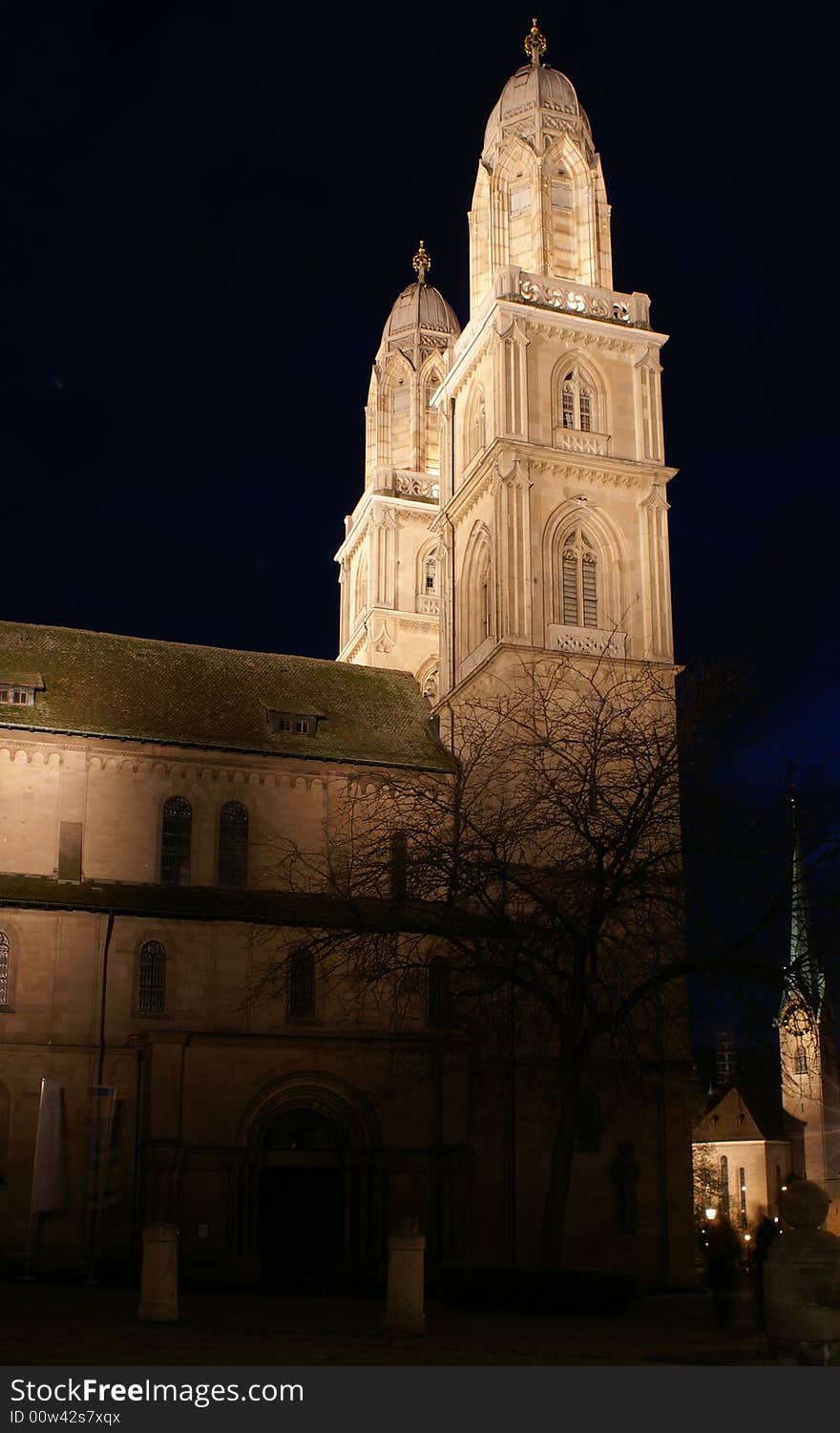 Grossmuenster cathedral in Zurich night