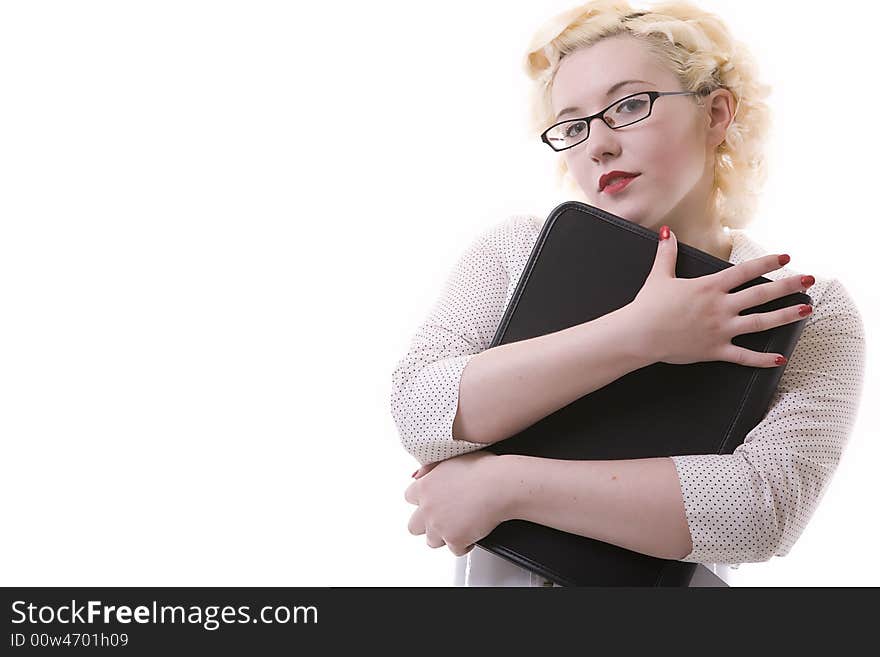 Sexy business girl holding documents