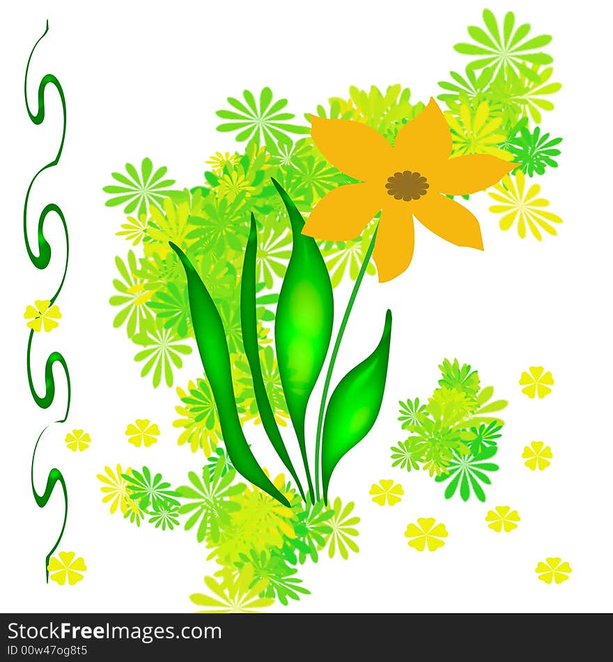 Orange flower  and scattered blooms in garden illustration. Orange flower  and scattered blooms in garden illustration