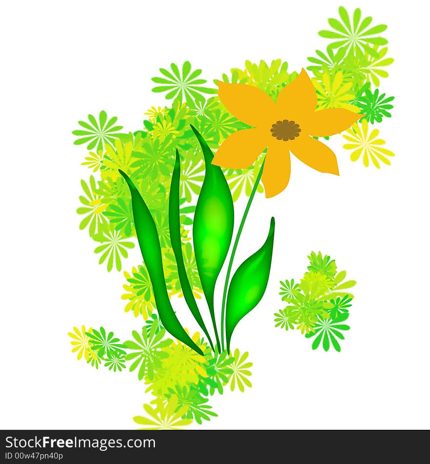 Orange flower  and scattered blooms in garden illustration. Orange flower  and scattered blooms in garden illustration