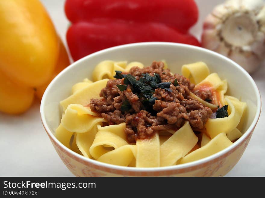 Fresh pasta with a meat-tomatoesauce