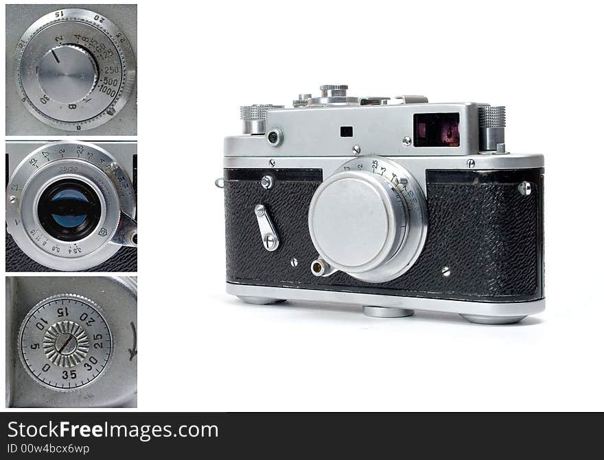 Vintage rangefinder photo camera isolated on white with closeup shots. Vintage rangefinder photo camera isolated on white with closeup shots