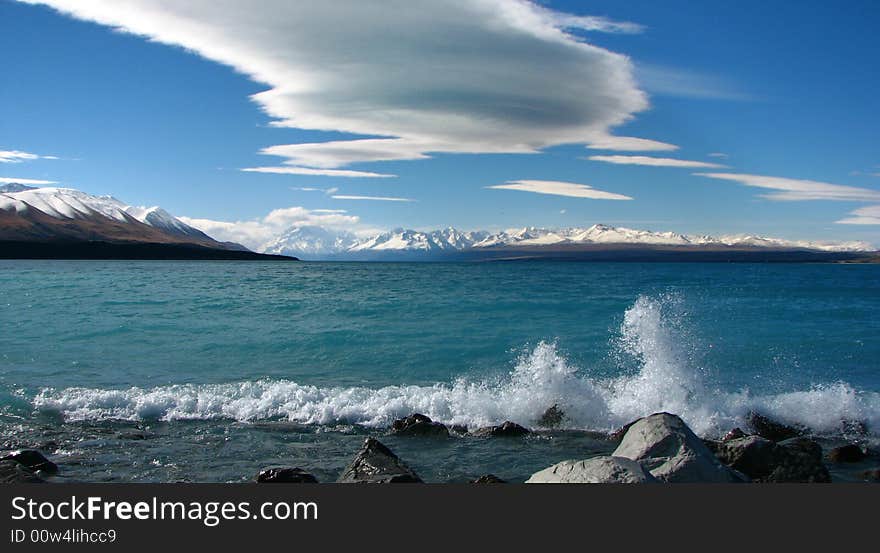 Wave breaking on lake Pukaki, south island, New Zealand. Wave breaking on lake Pukaki, south island, New Zealand.