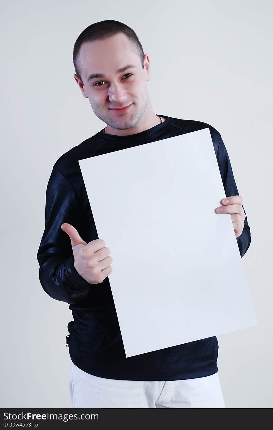 Man with placard at white background