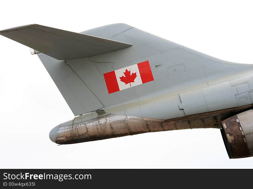 Close up detail of the tail section of an older Canadian military jet