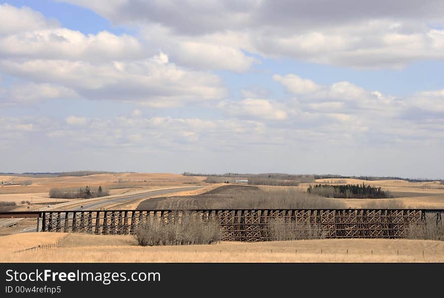 Wide landscape showing half of the longest trestle bridge in Western Canada near Sangudo, Alberta. Wide landscape showing half of the longest trestle bridge in Western Canada near Sangudo, Alberta