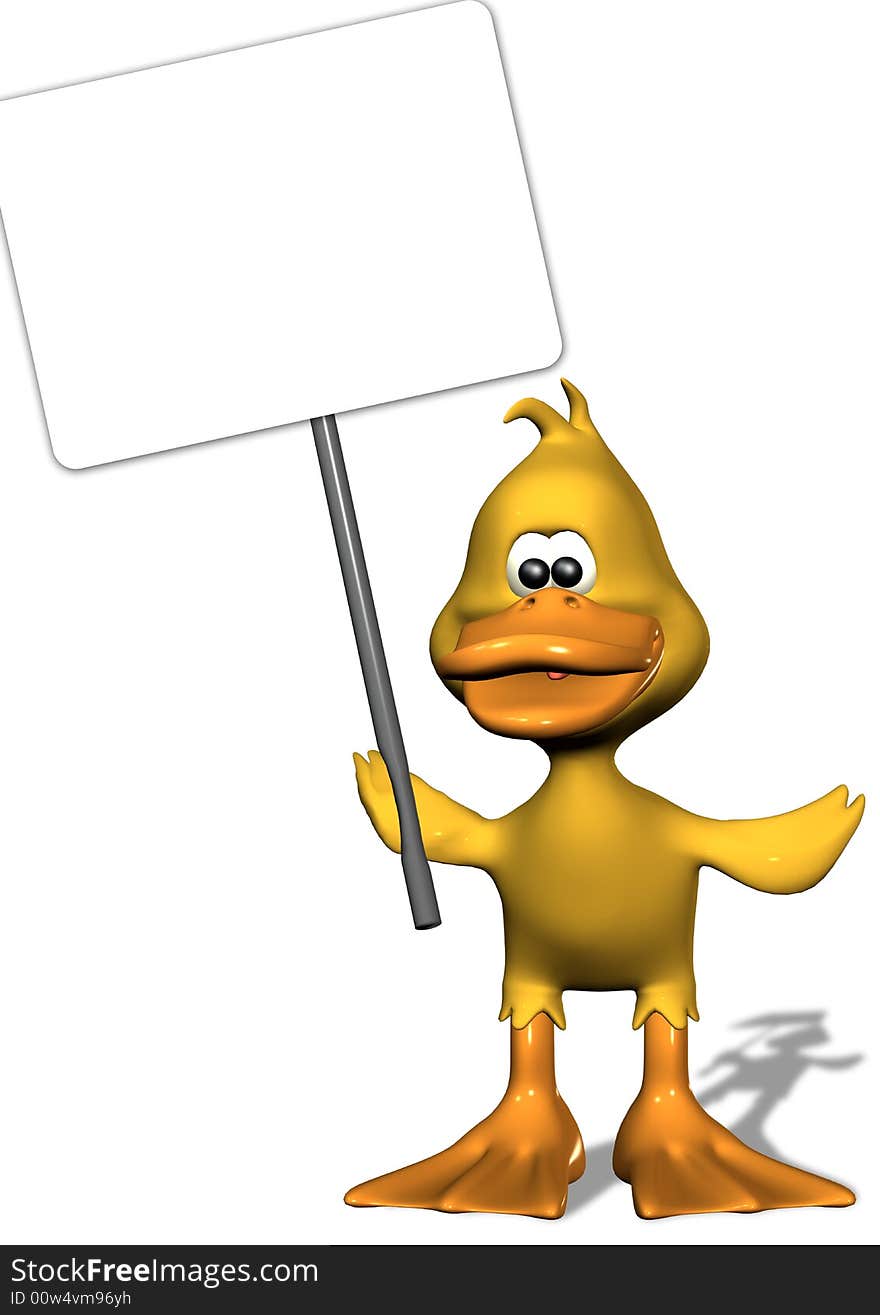 3D render toon duckiling holding a blank sign with clipping path. 3D render toon duckiling holding a blank sign with clipping path