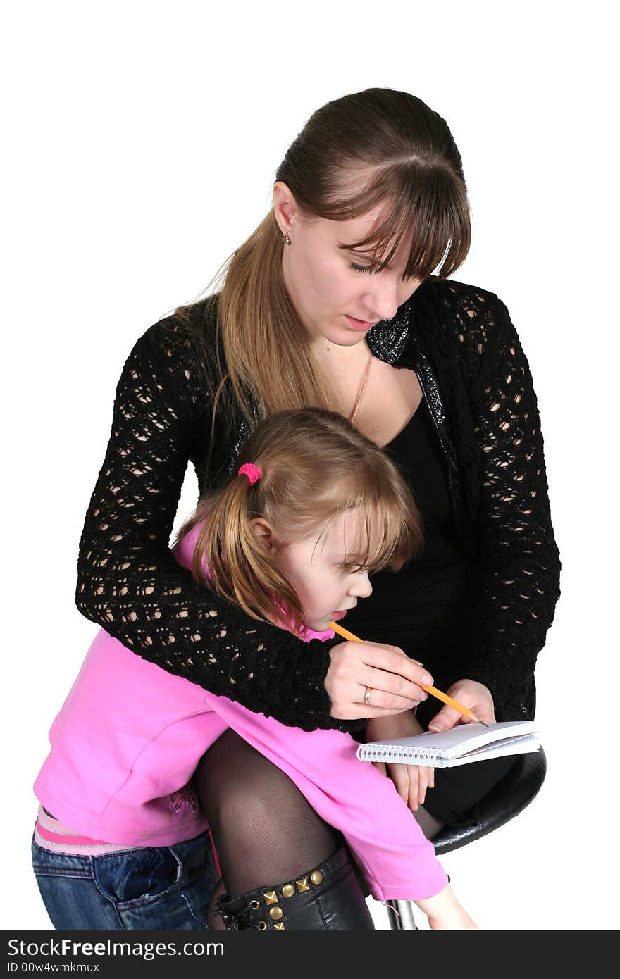 Girl with pencil and notebook, on white background, and child