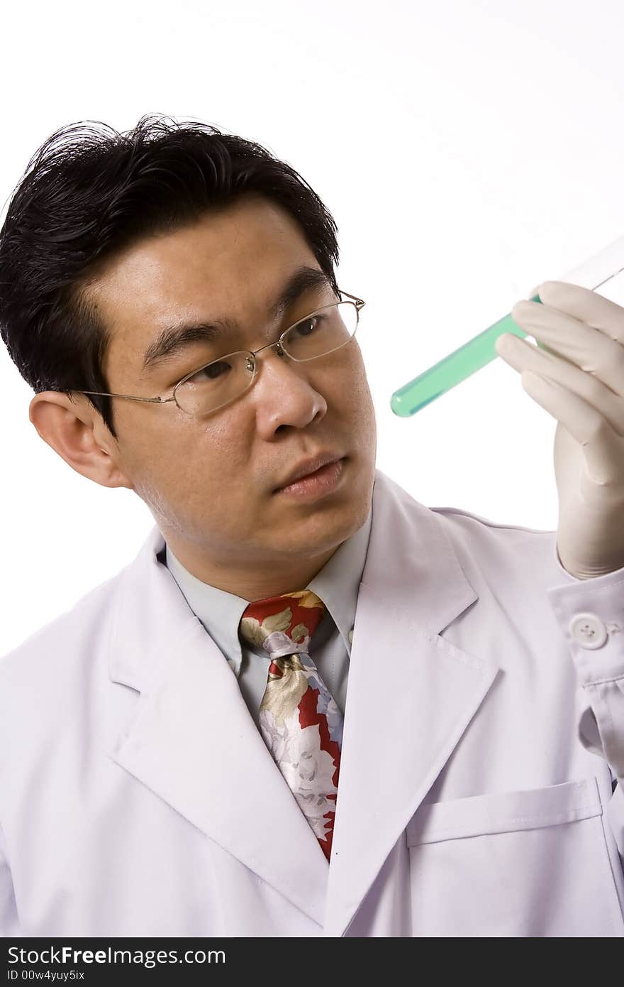 Asian doctor with test tube in white background.