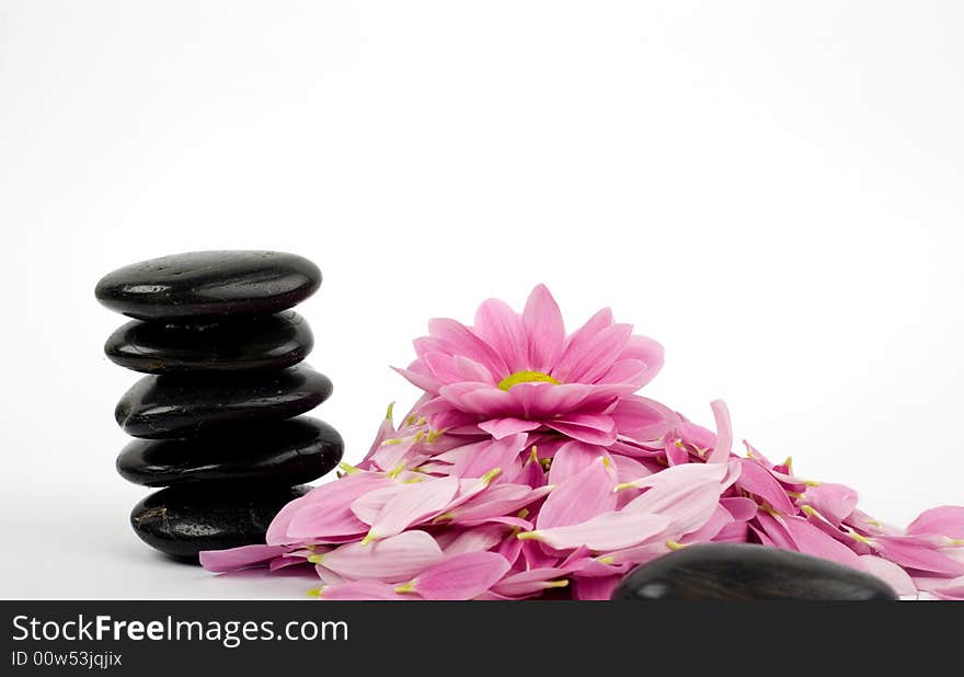 Stack of black stones and flower