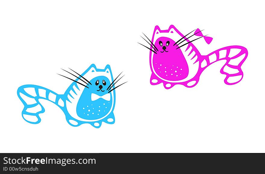 Two cats - pink and blue colours. Vector