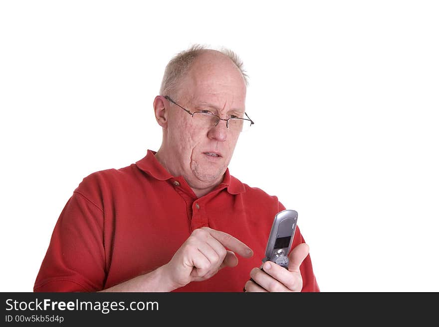 Old Guy in Red Shirt Dialing Cell Phone