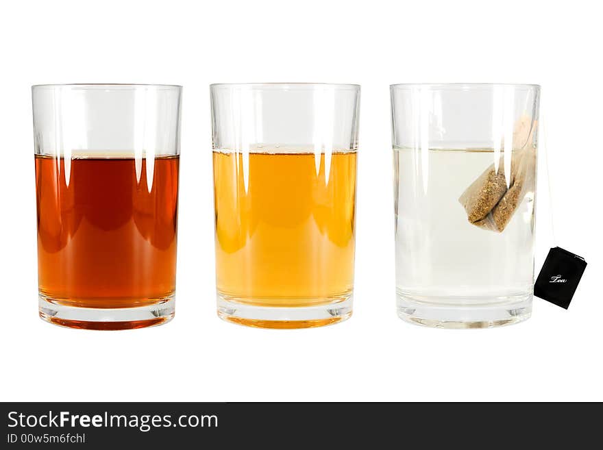 Three glasses and a tea bag, with clipping path