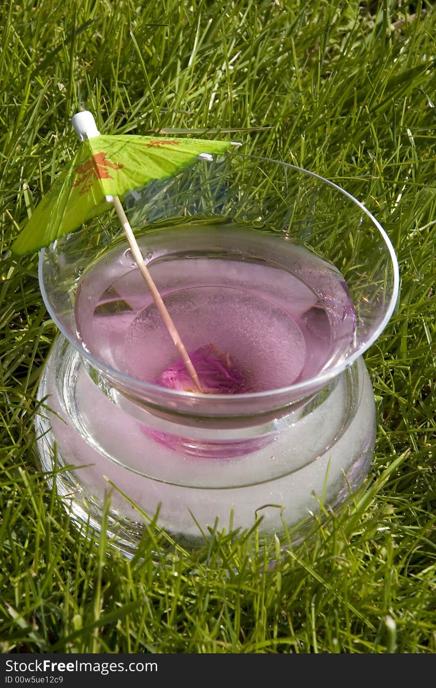 A Cosmopolitan Martini in a glass with a frozen rose sits in the grass. A Cosmopolitan Martini in a glass with a frozen rose sits in the grass.