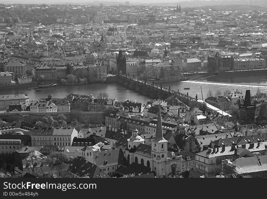 A view of Prague City from tower two of the City castle on top of the hill. Taken in Monochrome to grasp the old effect of the architecture. A view of Prague City from tower two of the City castle on top of the hill. Taken in Monochrome to grasp the old effect of the architecture