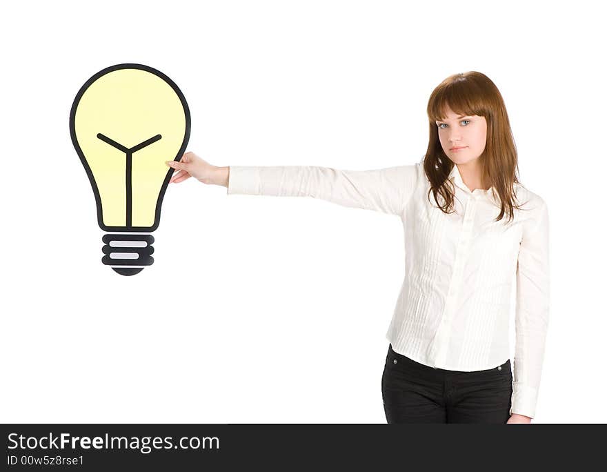 Girl holding light bulb close up over white background