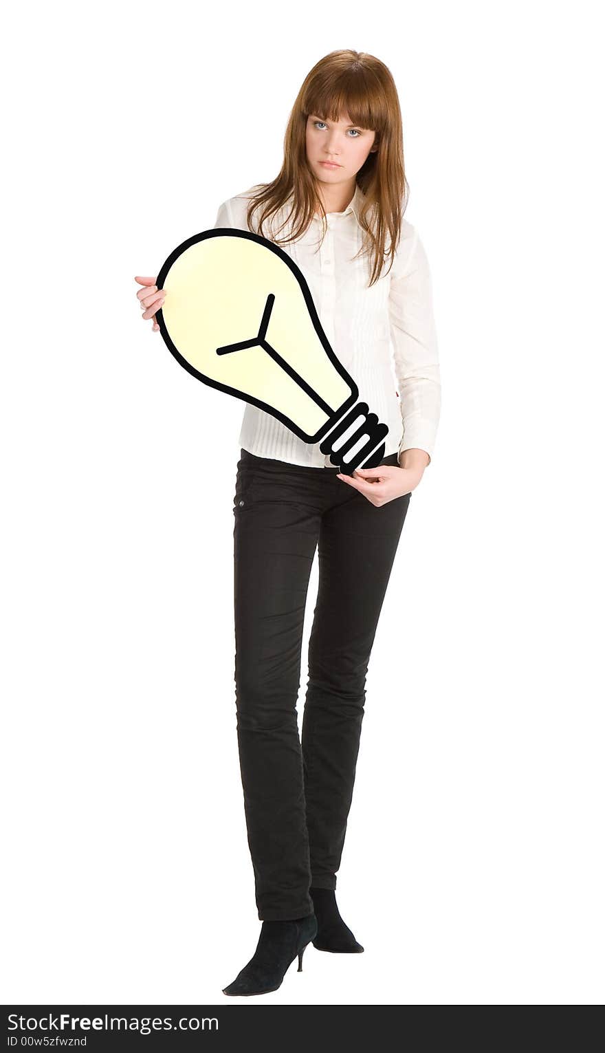 Woman holding light bulb over white background