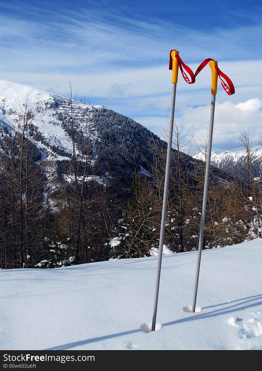 Ski Poles On A Mountain