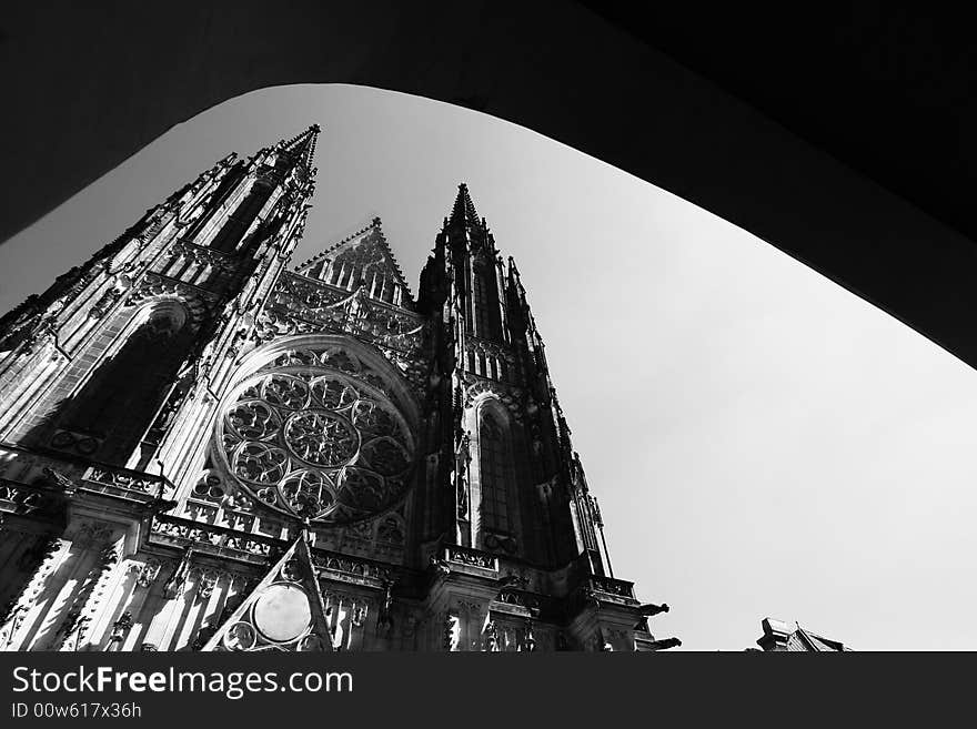 The entryway to the St. Vitus Cathedral by the Prague Castle up on the hill. The entryway to the St. Vitus Cathedral by the Prague Castle up on the hill.