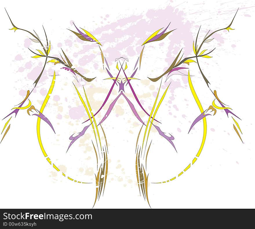 Yellow-violet symmetrical ornament with inkblot and scratch. Yellow-violet symmetrical ornament with inkblot and scratch