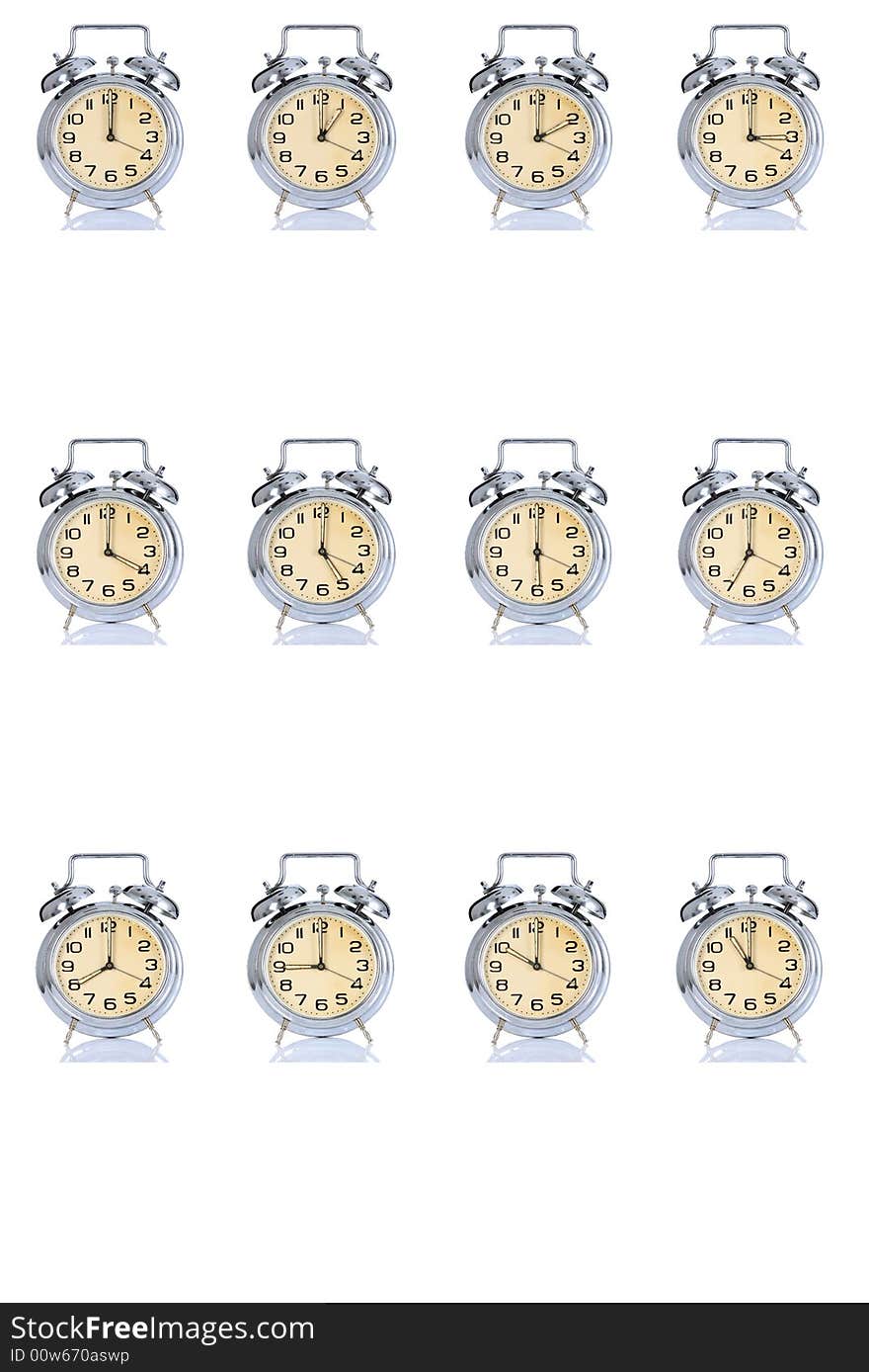 Group of alarm clock with times 12 clock on white background