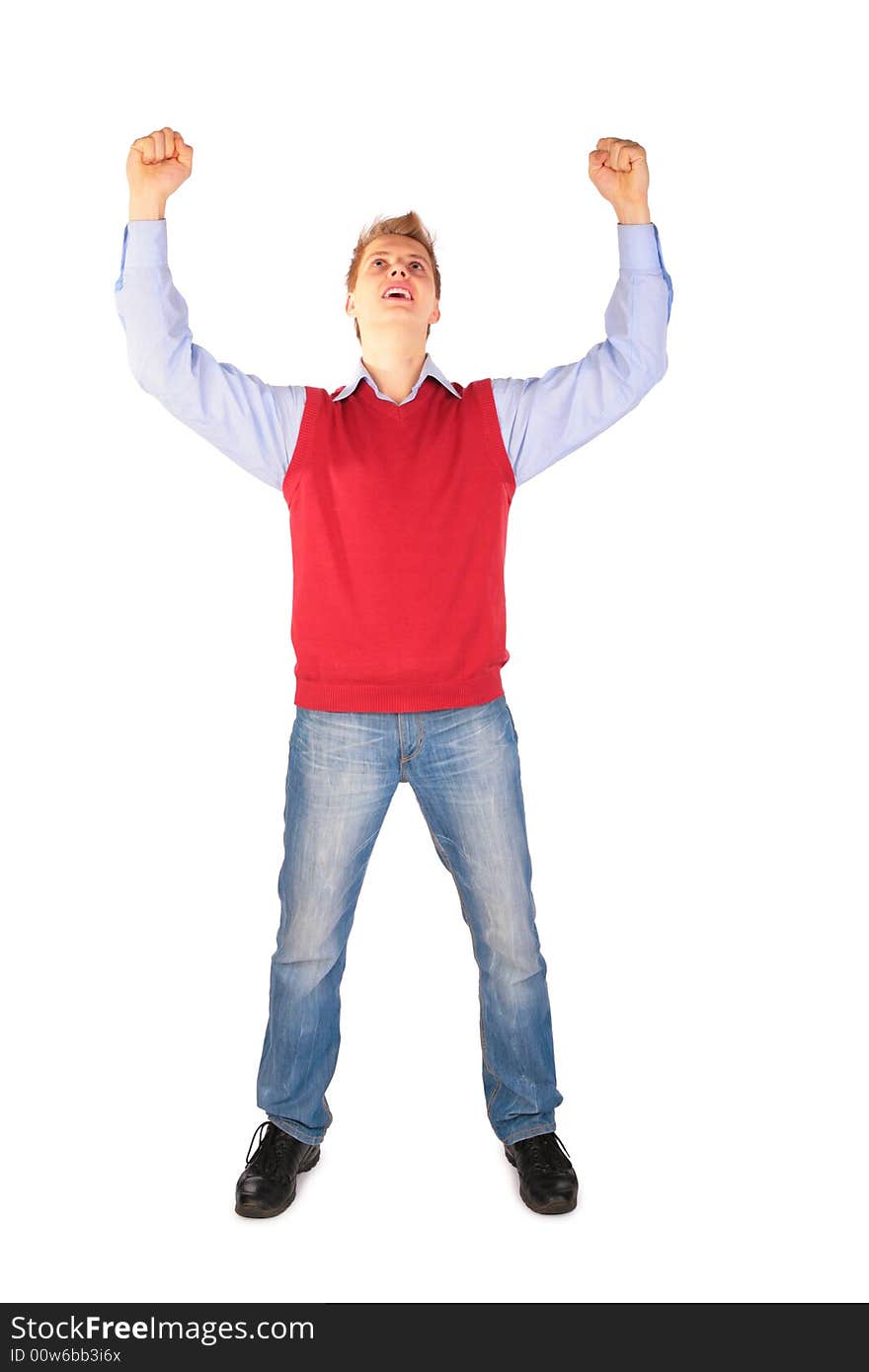 Boy in red jacket hand up