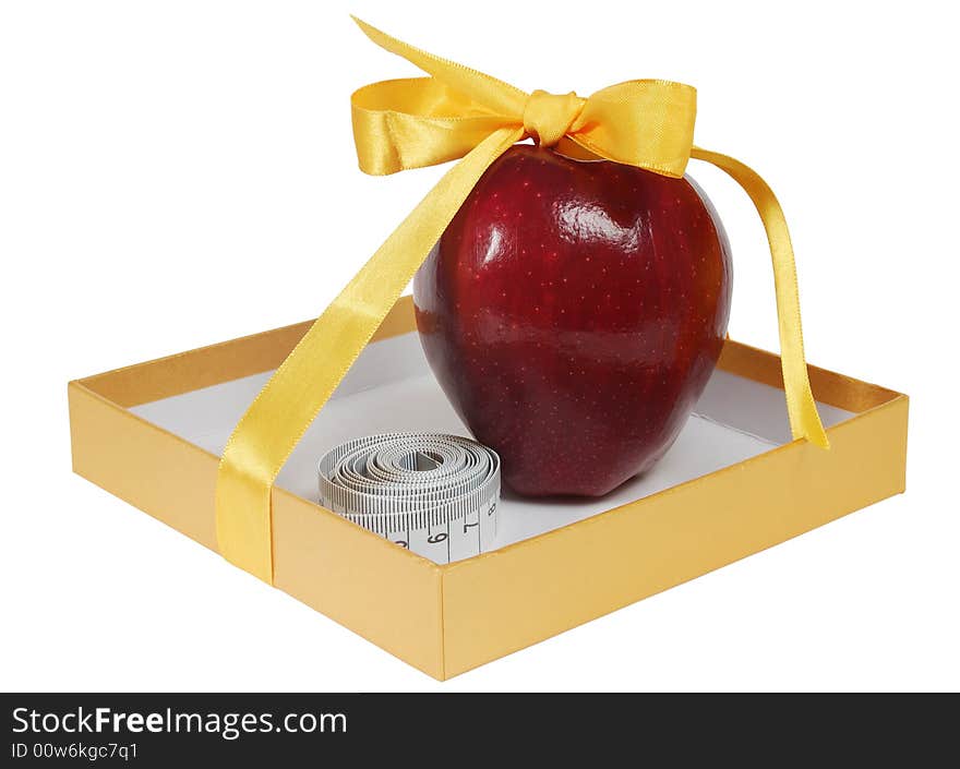 Red apple in box with tape-line like gift. isolated on white