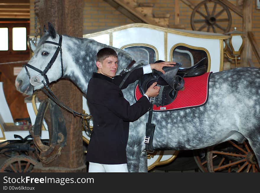 Young rider tightens a saddle-girth