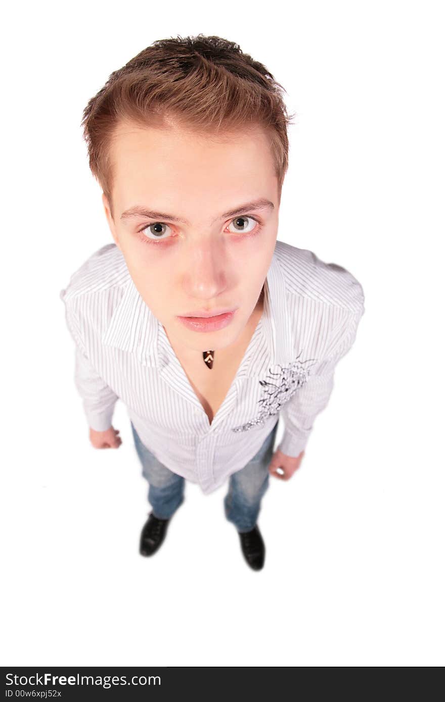 Boy in white shirt top perspective view