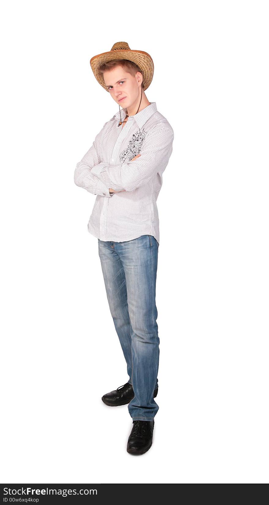 Boy with hat posing on white