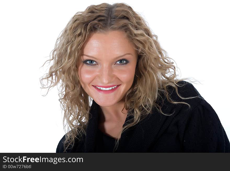 Portrait of the blonde with blue eye on white background