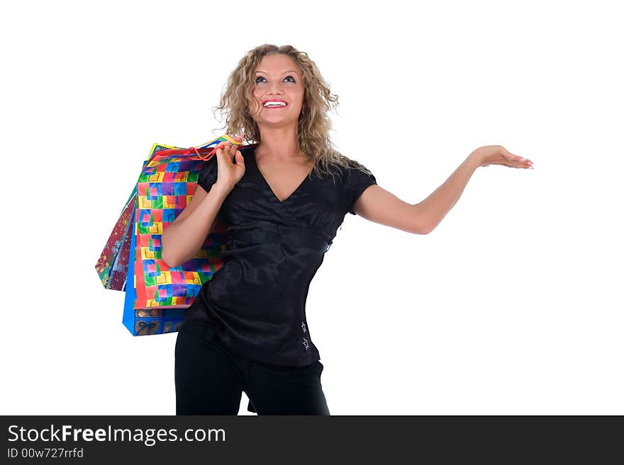 Expressive woman  on white background  shopping. Expressive woman  on white background  shopping