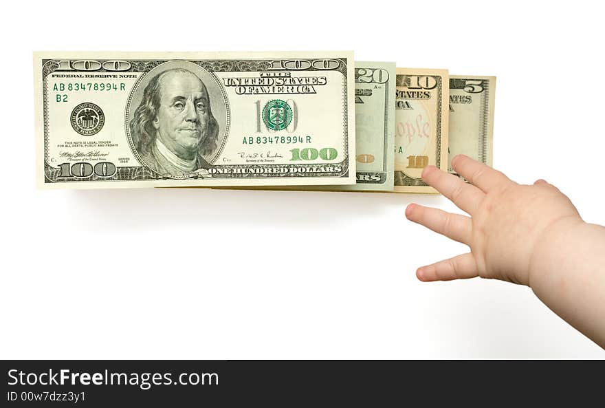 Child's hand reaching US dollars in ladder, over white, isolated with clipping path