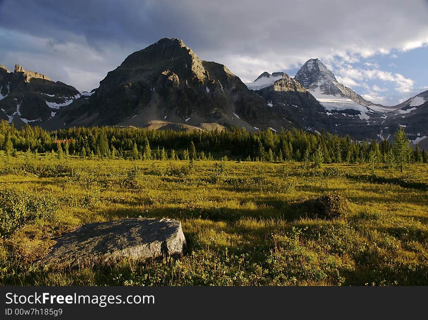 Evening light on mountain range and alpine meadow. Evening light on mountain range and alpine meadow