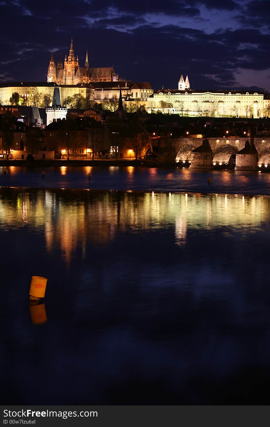 Panoramic night view to Lesser Town, Prague castle and Charles bridge. Panoramic night view to Lesser Town, Prague castle and Charles bridge.