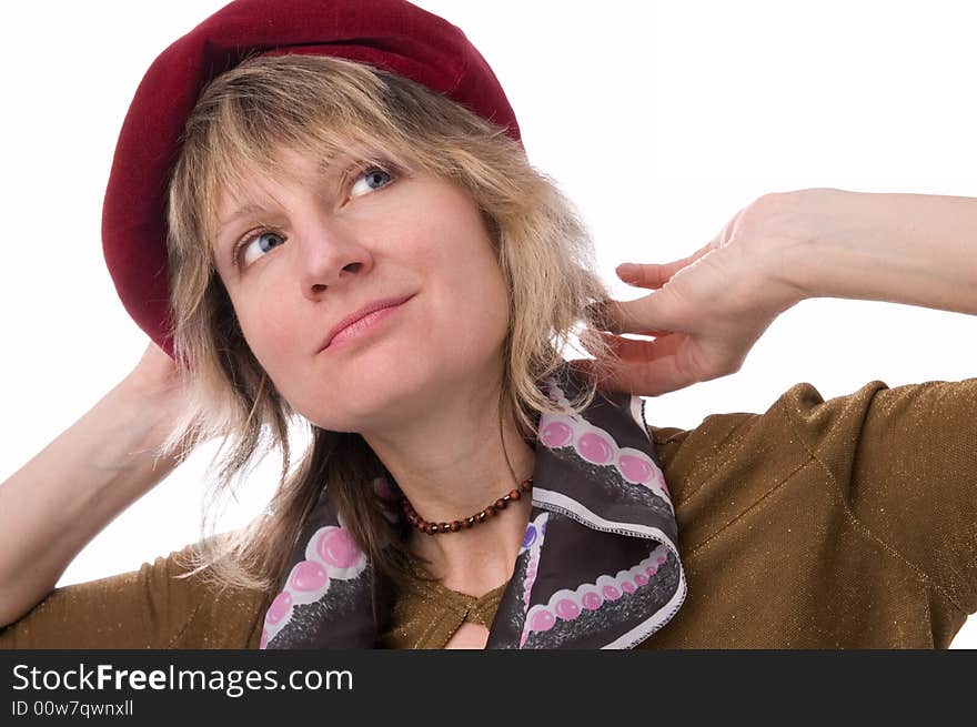 The woman in red beret, isolated on a white background. The woman in red beret, isolated on a white background.