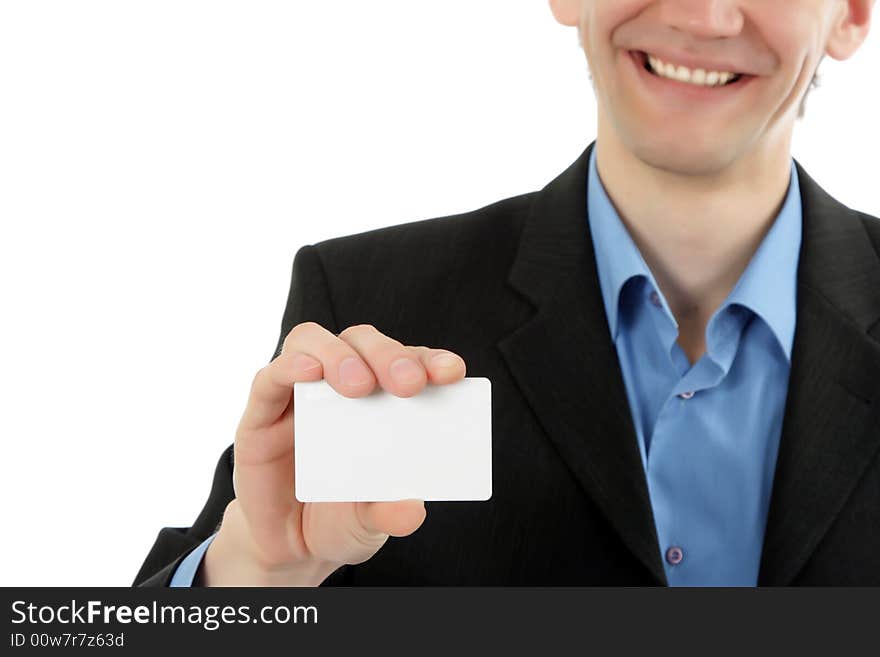 Friendly business man represents business card