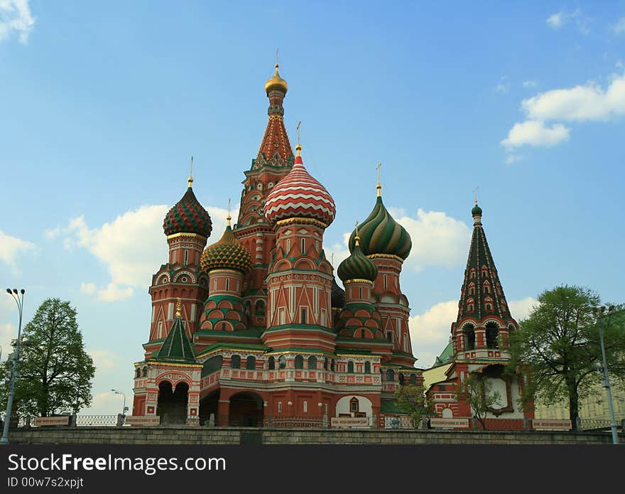 St. Basil cathedral at the Red square and blue sky as a background. Kremlin in Moscow, Russia.