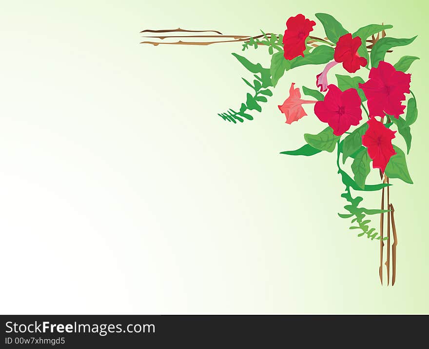 Background with red flowers, leaves and frame. Background with red flowers, leaves and frame.