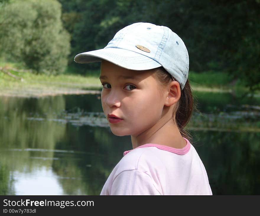 girl looked at lakes background