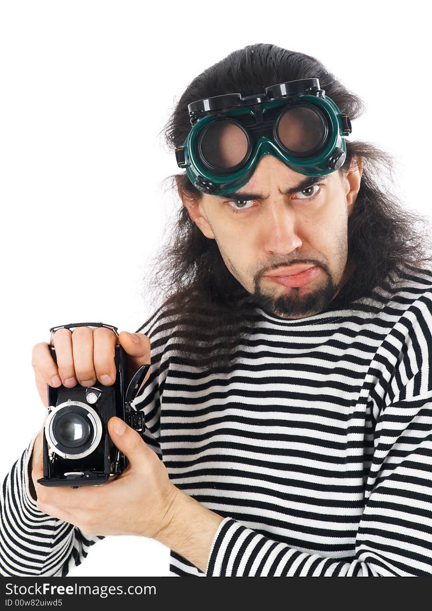 Funny man at sailor's jacket with old photocamera and glasses. Funny man at sailor's jacket with old photocamera and glasses